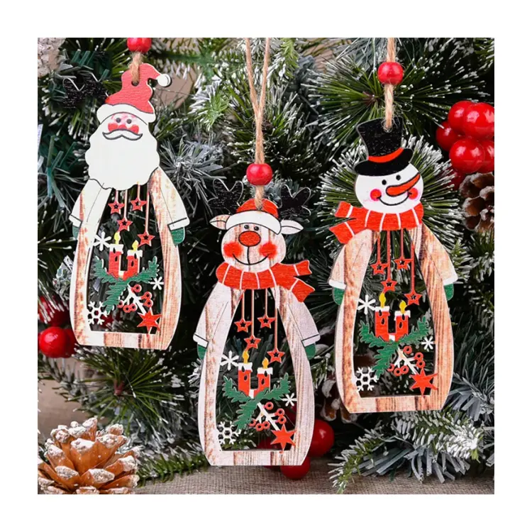 Ornamen Natal Kayu Santa Claus Pohon Natal Liontin Berongga Lilin Gantung Ornamen untuk Hadiah Natal