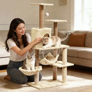 OEM ODM 4-stufiger Luxus-Katzenbaum aus Holz, Klettergerüst mit Hängematte, Katzenhöhle, interaktiver Kratzbaum, Plüsch, 125 cm, Karton - Product Image 2