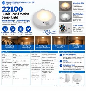 Luz LED Redonda de 3 Pulgadas con Sensor de Movimiento JIEDU, Blanca 2835 SMD, Doble Color Blanco Cálido y Frío, Funciona con Batería, Iluminación para Gabinetes - Product Image 1