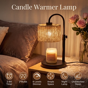 Lampe chauffe-bougie sans flamme style Boho Wabi Sabi, à hauteur réglable, avec pompon en corde de chanvre et base en métal noir pour la décoration de chambre - Product Image 2