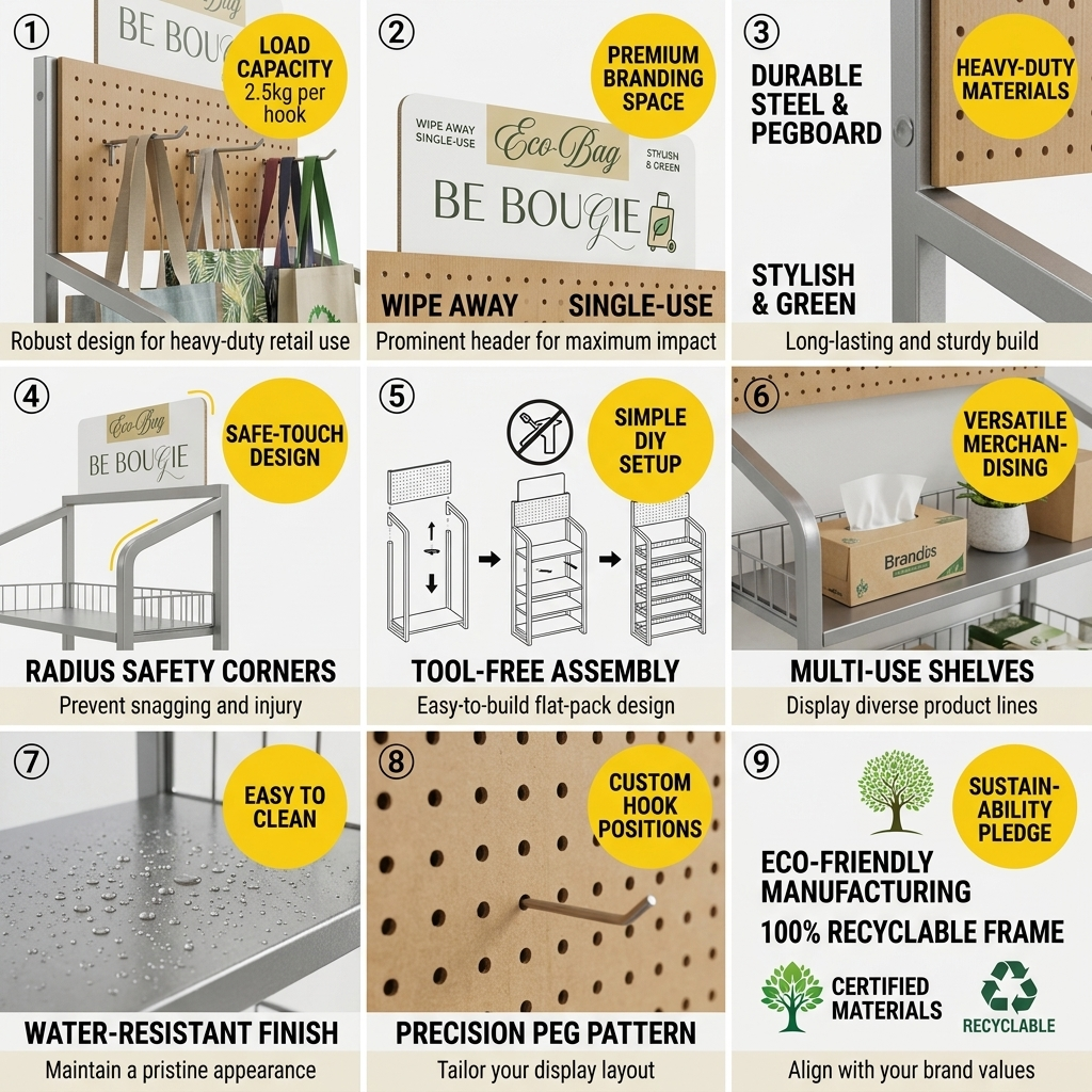 Wholesale Custom Metal Eco-friendly Shopping Bag Display Stand Retail Store Pegboard Hook Rack with Baskets Floor Display Shelf — view 5