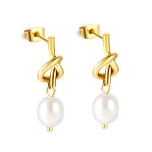Pendientes de Perlas con Nudo Único de Acero Inoxidable Chapado en Oro de 18K, Joyería de Moda Elegante y Personalizada al por Mayor para Mujer - Product Image 1