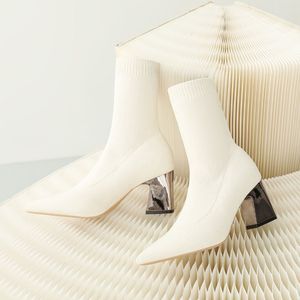 7CM/5CM 34-43 Botines Tacon Grueso Knit Stretchy Material Winter Fall Women's Heel <b>Boots</b> 2025 - Product Image 5