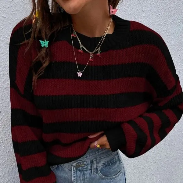 Women's Pullover Sweater 2022 New Red and Black Striped Crew Neck Computer Knitted Causal Knit Wear Winter Casual Life Standard