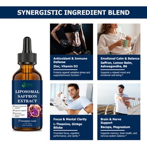 Extrait de safran liposomal de haute qualité en gouttes liquides, enrichi en Vitamine D3, pour le soutien immunitaire et du système nerveux, saveur naturelle de fraise. - Product Image 3