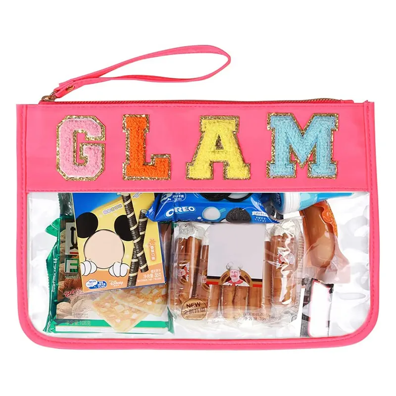 Chenille Letter Clear Cosmetic Bag Multi-purpose Transparent Waterproof Stuff Makeup Tote Bag Toiletry Bag with Letter Patches