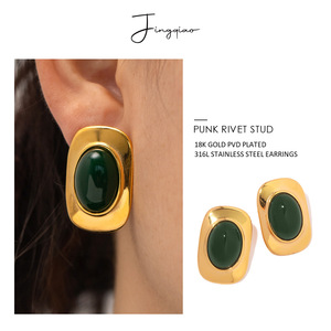 Pendientes geométricos ovalados con engaste de ojo de gato verde para fiesta, joyería de moda para mujer - Product Image 2
