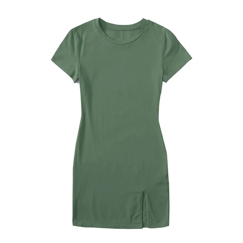 Rok wanita lengan pendek, baju wanita kulit, warna Solid, ramping, leher bulat, rok lengan pendek, belahan samping, rok hijau