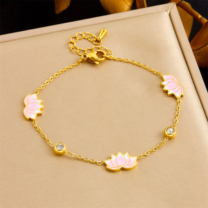 Lotus Flower Jewelry <b>Set</b> Zinc Alloy Pink Gradient Rhinestone Necklace Earrings <b>Bracelet</b> Gift <b>Set</b> - Product Image 3