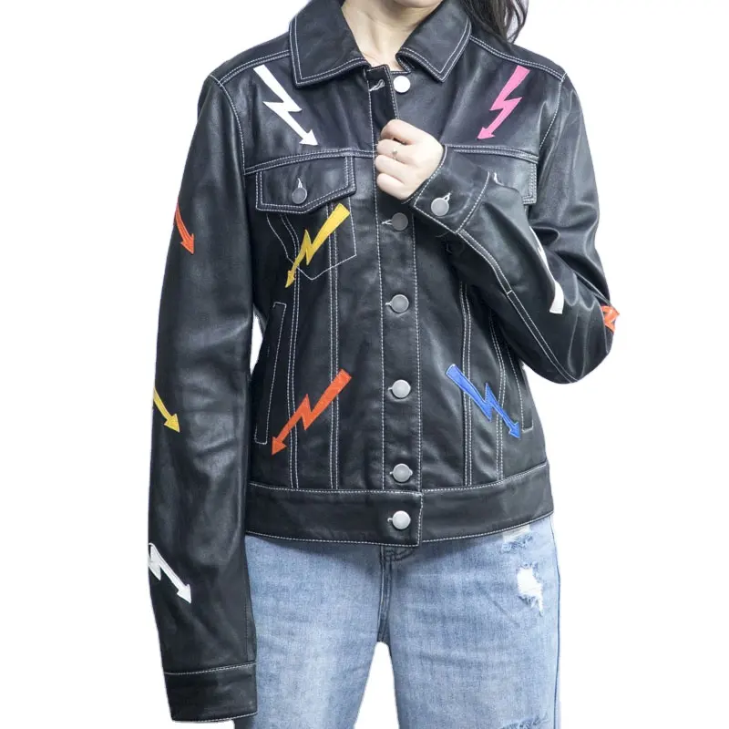 ファッションデザインファクトリーカスタムライトニングパターンレディースカジュアルレザーソリッドジャケットトップ服レザーボンバージャケット女性用