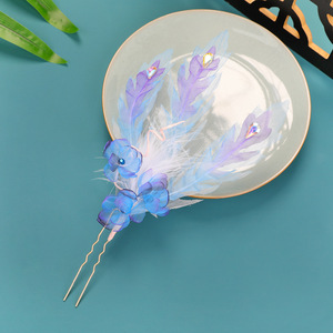 25 épingles à cheveux en plumes, design original, faites à la main, style ancien, thème conte de fées, bleu-violet, polyvalentes, en gaze de soie, avec feuille d'or et motif queue de phénix - Product Image 2