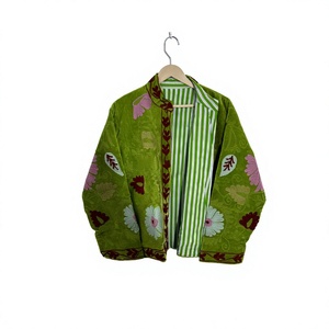 Wholesale Green Velvet Embroidered Blazer <b>Women</b> Mandarin Collar Full Sleeve Inside Cotton Lining <b>Women</b> <b>Coat</b> - Product Image 1