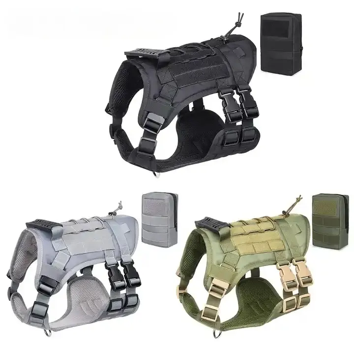 Set harnes anjing dengan tempat tas kotoran anjing besar harnes anjing dengan Logo khusus berburu pelatihan taktis harnes anjing