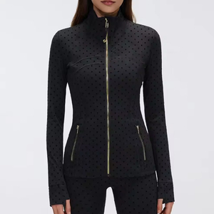 USA Black Spotted Breathable Seamless Quick Drying Stand Collar Gold Zipper Spandex/Nylon <b>Yoga</b> <b>Jacket</b> for Women Fitness <b>Yoga</b> - Product Image 3