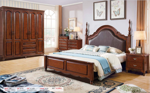 American Solid Wood Upholstered <b>Bed</b> Vintage Roman Column Carved <b>Frames</b> And Button Tufted Leather Headboards For Bedrooms - Product Image 6