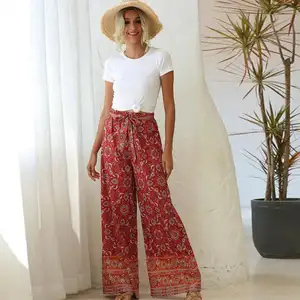 Vrouwen Zomer Dunne Boho Broek Wijde Pijpen Losse Broek Enkellange Broek Casual Bloemen Broek Elastische Taille Plus Size Broek