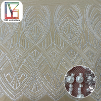 Luxe rayure perles perlées mariée maille dentelle tissu haute densité lourd Net perles paillettes Tulle dentelle tissu pour robes de mariée