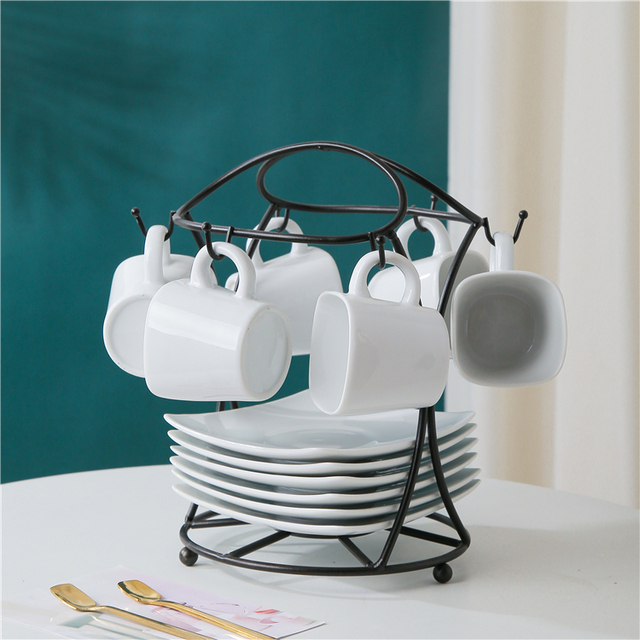 Minimalist 6 Sets 85ml Ceramic White Square Espresso Cup & Saucer with Black Metal Stand Coffee & Tea Cup