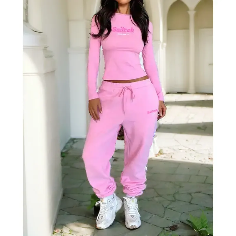 Conjunto de roupas femininas personalizadas de alta qualidade, 2 peças, blusa e calças de manga comprida, top cropped rosa, ideal para mulheres, 2024, 2024