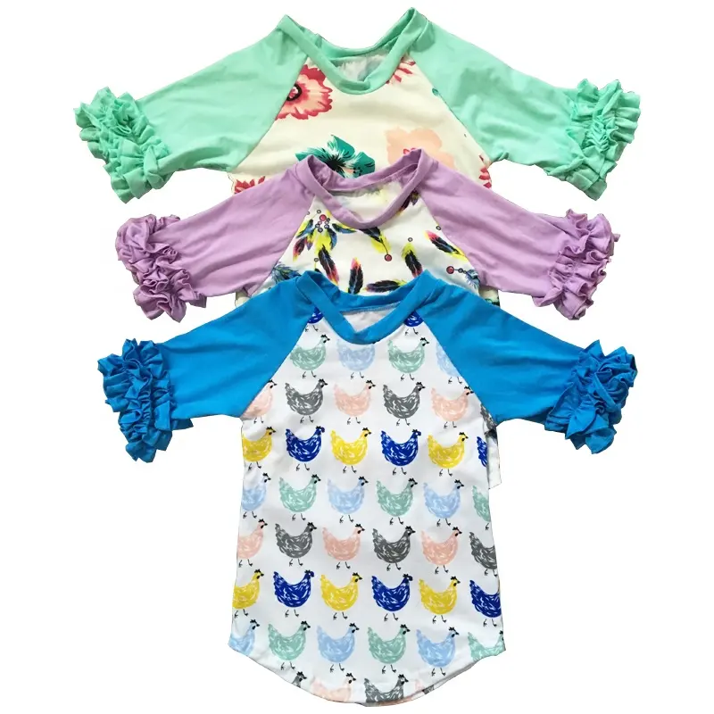 Boutique Baby Girls Summer Cotton T-shirt 3 /4 Sleeves Ruffle Tops Shirt for girls 14 years Ruffle Raglan
