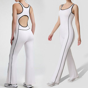 Tiyo Combinaison de yoga pour femme, dos nu, pantalon évasé à jambe large, col rond, très élastique, avec coussinets de poitrine, Spandex/Polyester - Product Image 1