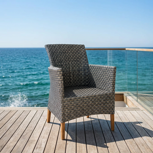 Modern Gray <b>Teak</b> Woven Minimalist Outdoor <b>Chair</b> with Wooden Legs - Product Image 1