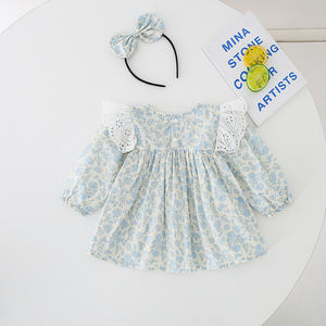 Bandeau assorti avec manches longues en dentelle blanche <span class=keywords><strong>bavoir</strong></span> bleu fleur imprimé coton 3-6 mois robes bébé fille - Product Image 2