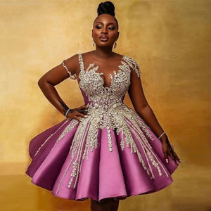 Gaun <span class=keywords><strong>Prom</strong></span> pendek manik-manik kristal mewah gaun pesta Formal Satin berlipat lengan pendek Afrika gaun Cocktail gaya Aso Ebi - Product Image 2