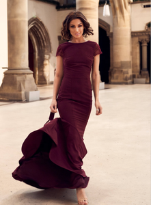 Váy Cưới Tay Áo Ren Vỏ Sò Ren Lưng Dài Trailing Burgundy Nàng Tiên Cá Phù Dâu Váy Cưới - Product Image 3