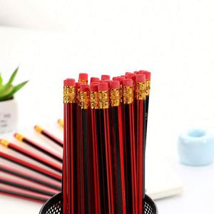 Crayons hexagonaux standard en bois rayés rouge et noir pour enfants, avec gommes, pour le dessin et l'école - Prix usine - Product Image 1