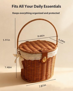 Cesto da Picnic Piccolo con Coperchio e Manici Pieghevoli, Cesto Vintage in Rattan con Fodera Bianca e Chiusura per Picnic, Spiaggia, Vacanze - Product Image 2