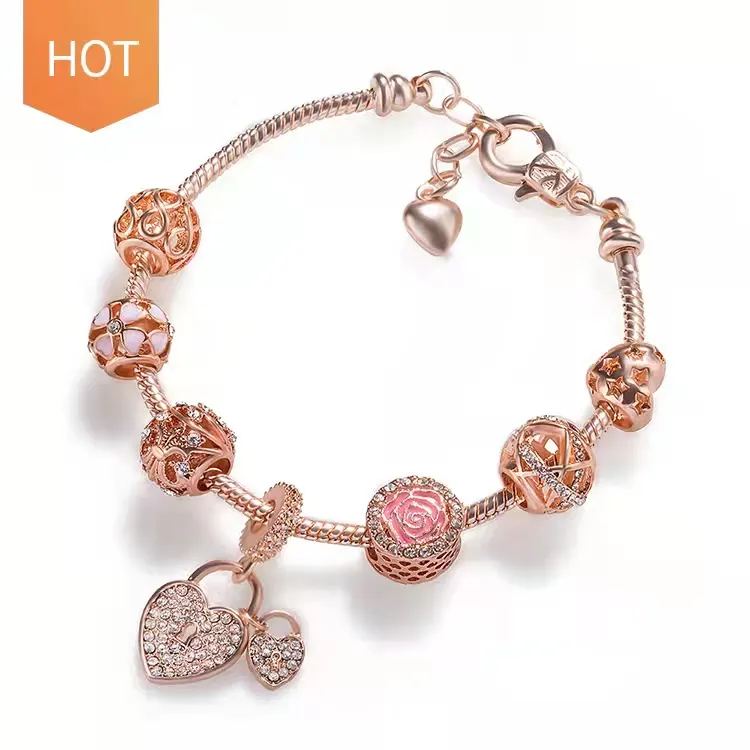Fashion Trendy Women Jewelry Rose Gold Plated Heart Pendant Bangles Charm Bracelets