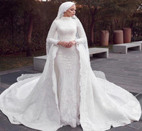 Robes de mariée musulmanes à manches longues, col haut, dentelle brodée, robe de mariée longue queue, 2022