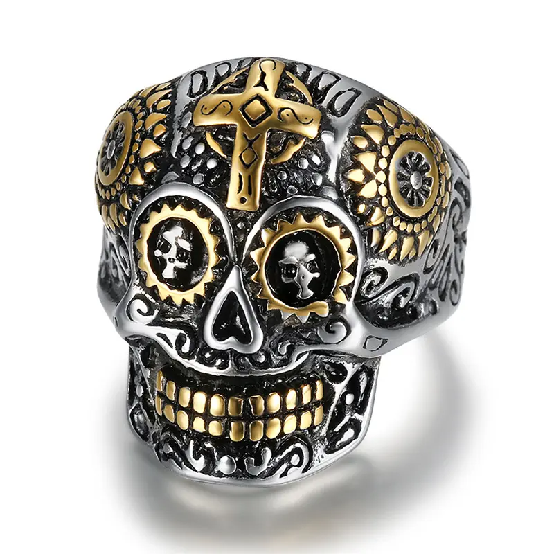 Fashion punk style skull personality stainless steel jewelry men's cross ring