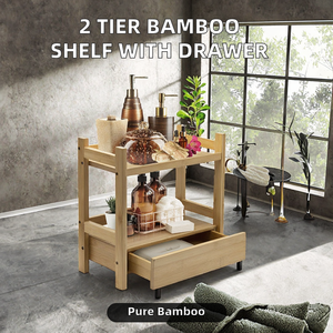 2 Tier Bamboo Standing Type <b>Foldable</b> Countertop Shelf Hidden Drawer <b>Desk</b> Makeup Organizer Bathroom Wood Display Stand - Product Image 2