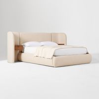 Lit moderne avec tête de lit à ailes rembourrée en lin, table de chevet intégrée de luxe, lit en bois massif, meubles de chambre à coucher pour villa
