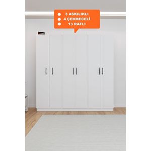 Armoire moderne blanche à 6 portes avec 4 tiroirs, 13 étagères, grand rangement, armoire de chambre autoportante, design simple pour usage en atelier - Product Image 4