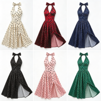 Robe rétro à pois avec nœud halter, col en V, taille froncée, fente latérale, longueur midi, idéale pour les fêtes estivales