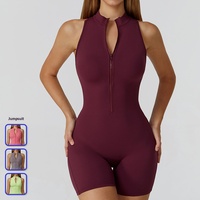 Combinaison de yoga sculptante sans manches à demi-zip, justaucorps de fitness sans couture très extensible effet push-up pour femmes, course à pied, cyclisme, sports