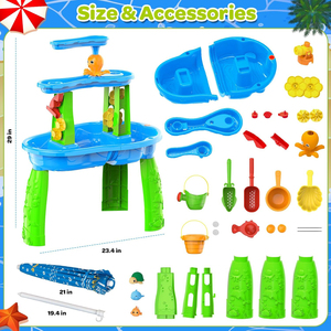 Table à eau et à <span class=keywords><strong>sable</strong></span> 3 niveaux pour enfants avec parasol – Jouet d'extérieur estival avec piscine d'apprentissage stable – Ensemble <span class=keywords><strong>de</strong></span> jeu pour plage et jardin - Product Image 6