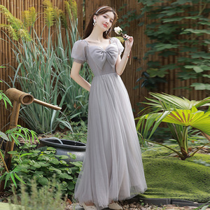 Grey Bridesmaid Dress A-Line Tulle Sweetheart Neckline Natural Waist Long Sleeve Casual Wedding Party Dress - Product Image 2