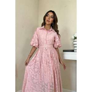 Pink Belted Balloon Sleeve <b>Dress</b> A-Line Chiffon Vintage Sheer Layer Square Collar Natural Waist <b>Prom</b> <b>Dress</b> - Product Image 2