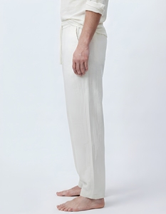 Pantalon en lin blanc pour homme, taille élastique avec cordon de serrage, décontracté, respirant, coupe droite, tissu léger, idéal pour l'été - Product Image 2