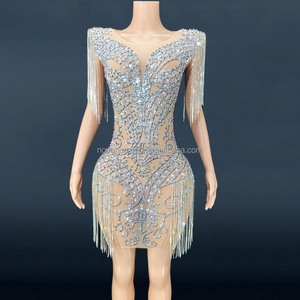Robe de soirée sexy en maille couleur nude à franges et cristaux brillants NOVANCE pour femmes, idéale pour les soirées <span class=keywords><strong>disco</strong></span>, les danses et les banquets - Product Image 1