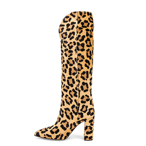 Women Factory Quality Leopard Faux Horse Hair Long Boot Chunky Heel Knee High Boots