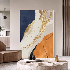 Peinture à l'huile abstraite, orange, or, bleu, cadre métallique, art contemporain, grande décoration murale pour entrée, salon, fond de canapé - Product Image 2
