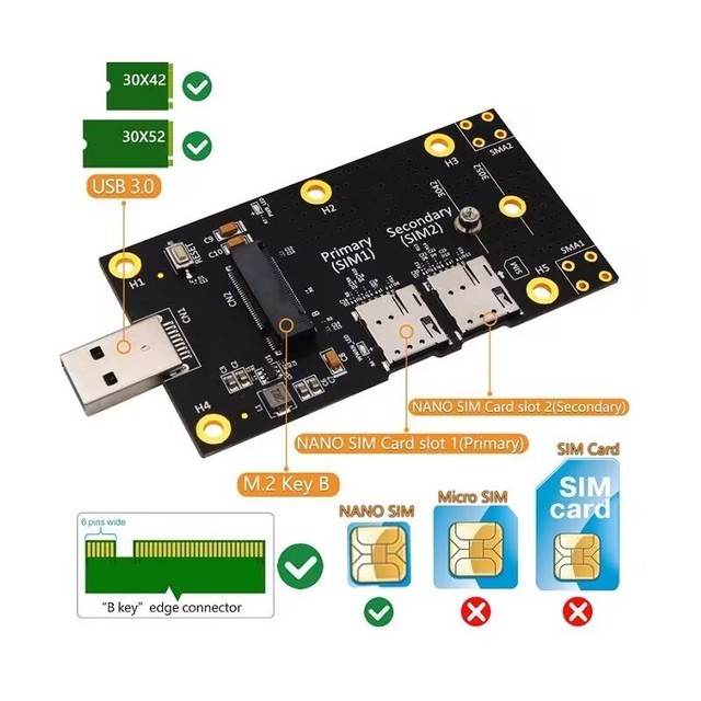 M2 Key B to USB 3.0 Adapter Board Dual Nano SIM Card Slot 3G/4G/5G LTE Module in Stock