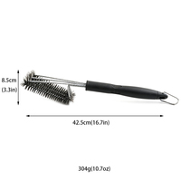 Brosse de nettoyage de barbecue robuste 3-en-1 avec grattoir et poils en acier, manche long de 42,5 cm pour grilles à gaz et à charbon de bois