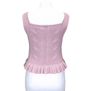 Women Knitted Tank <b>Top</b> Square Collar Ruffles Sweet Style Short Length Solid Color Pink - Product Image 2