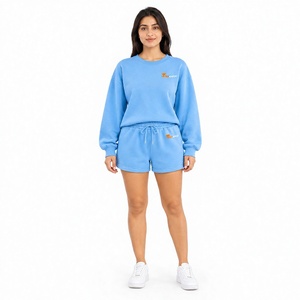 <b>Women's</b> Light <b>Blue</b> 2 Piece Shorts Set Crew Neck Sweatshirt Embroidered Loose Fit Casual Spring Autumn <b>Women</b> Summer set - Product Image 1